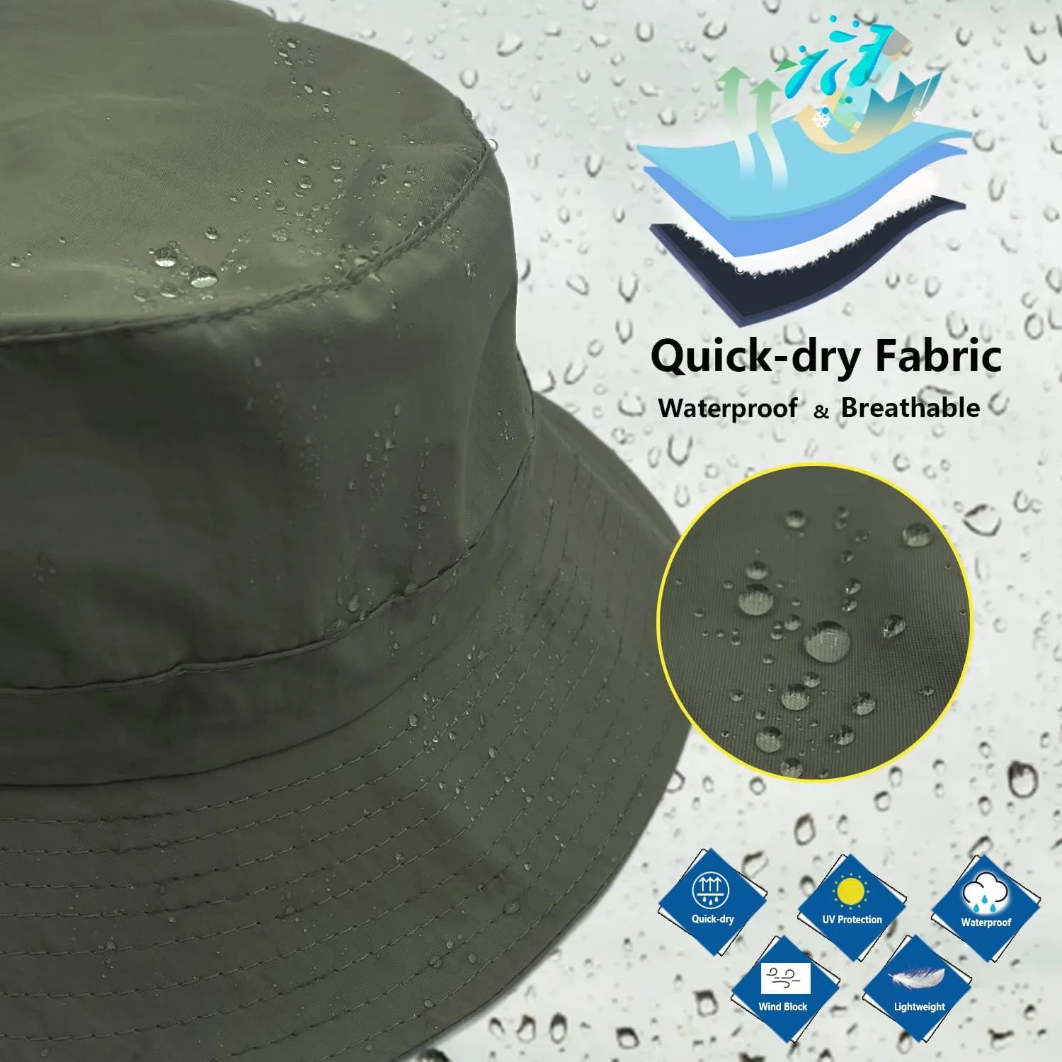 woogwin Waterproof Bucket Rain Hat with Chin Strap Quick Dry Packable Boonie Sun Hat Safari Hat UV Protection