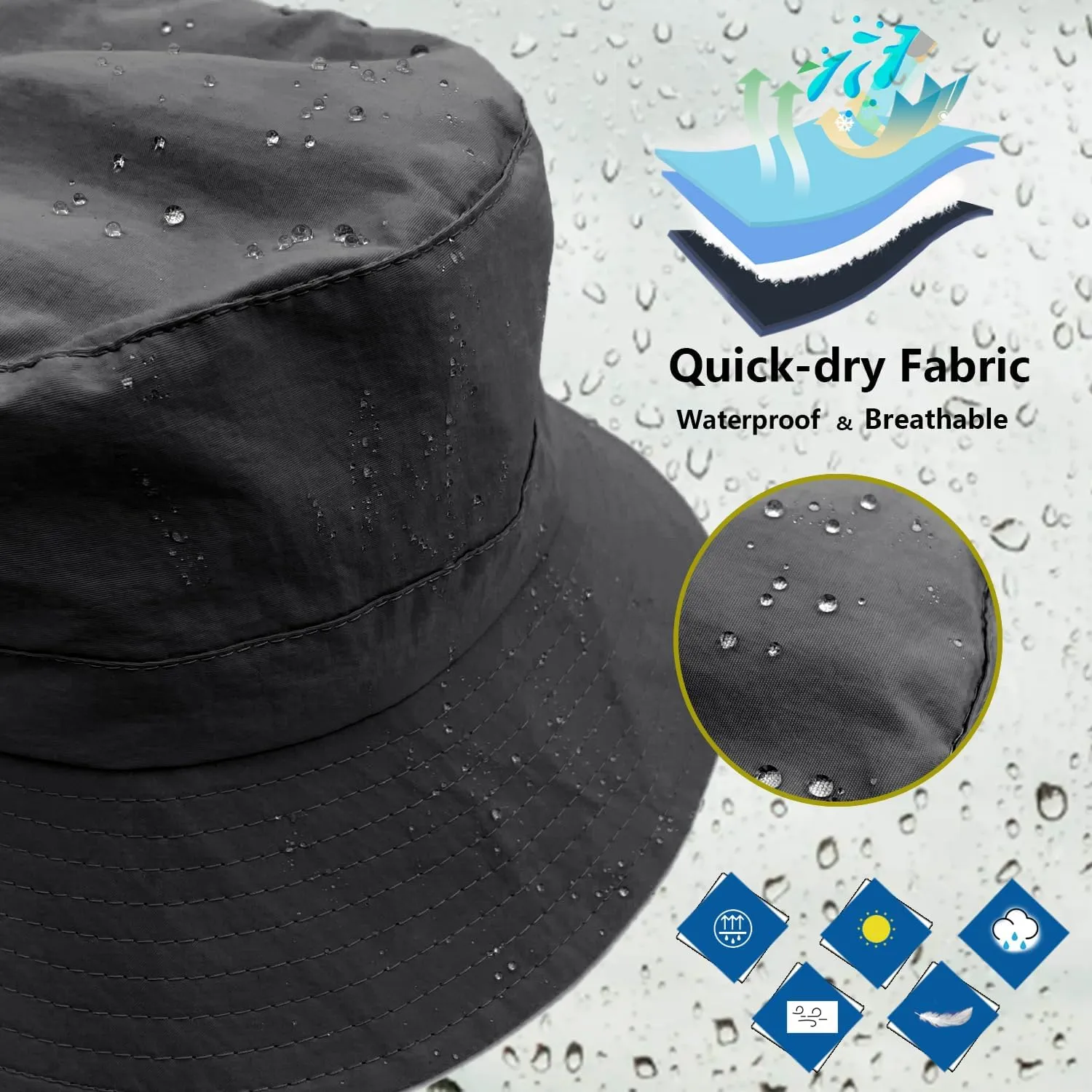 woogwin Waterproof Bucket Rain Hat with Chin Strap Quick Dry Packable Boonie Sun Hat Safari Hat UV Protection