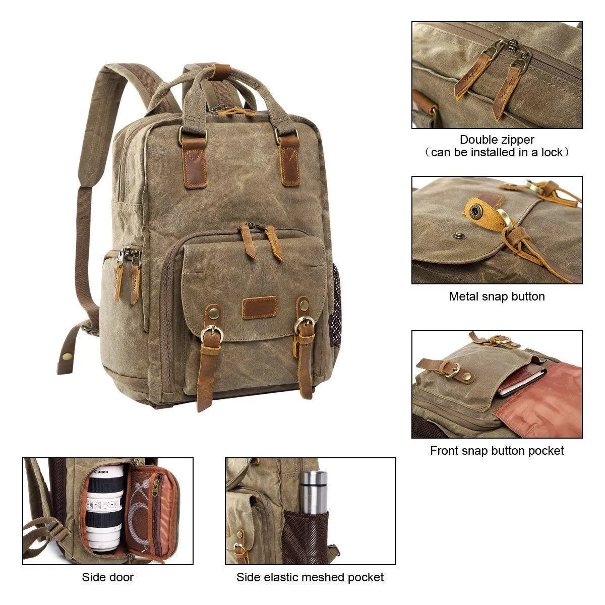 Woosir Waterproof Waxed Canvas Camera Backpack-Gray