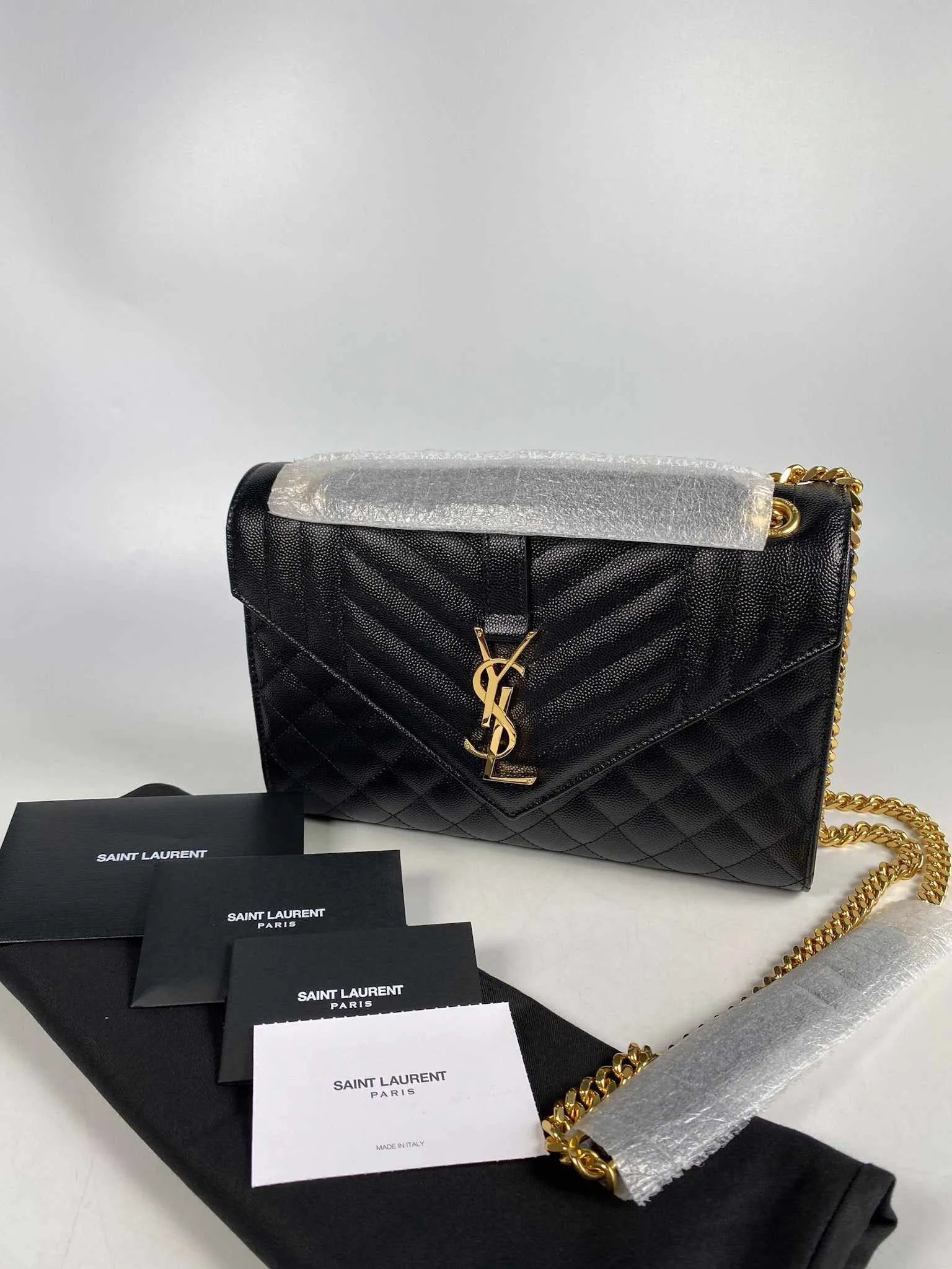 YSL Envelope Medium Bag in Mix Matelasse Grain De Poudre Embossed Black Leather
