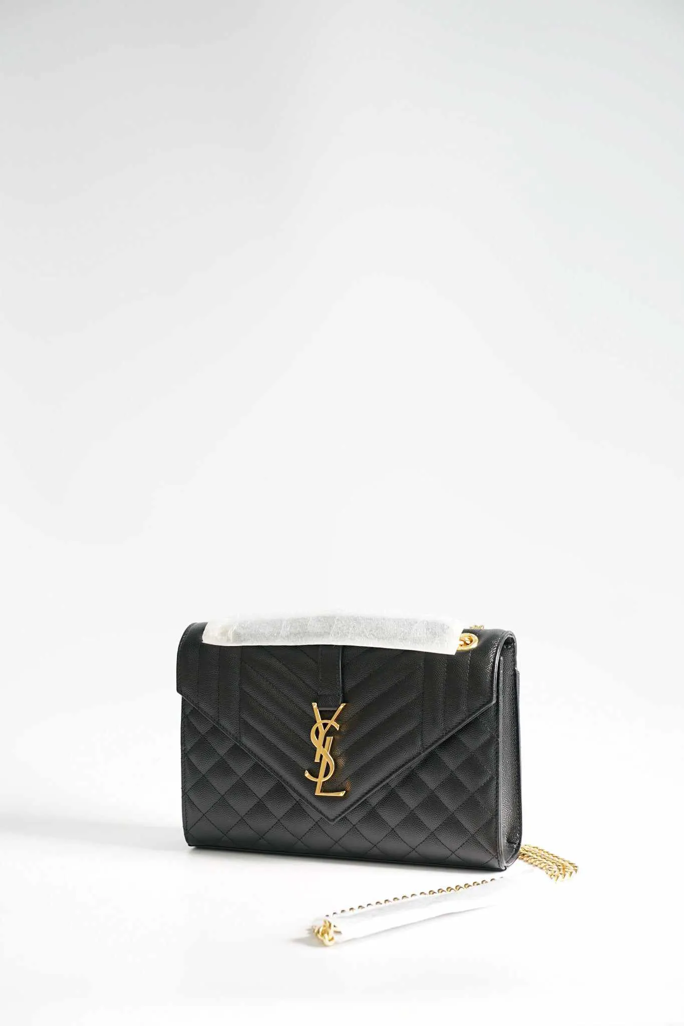 YSL Envelope Medium Bag in Mix Matelasse Grain De Poudre Embossed Black Leather