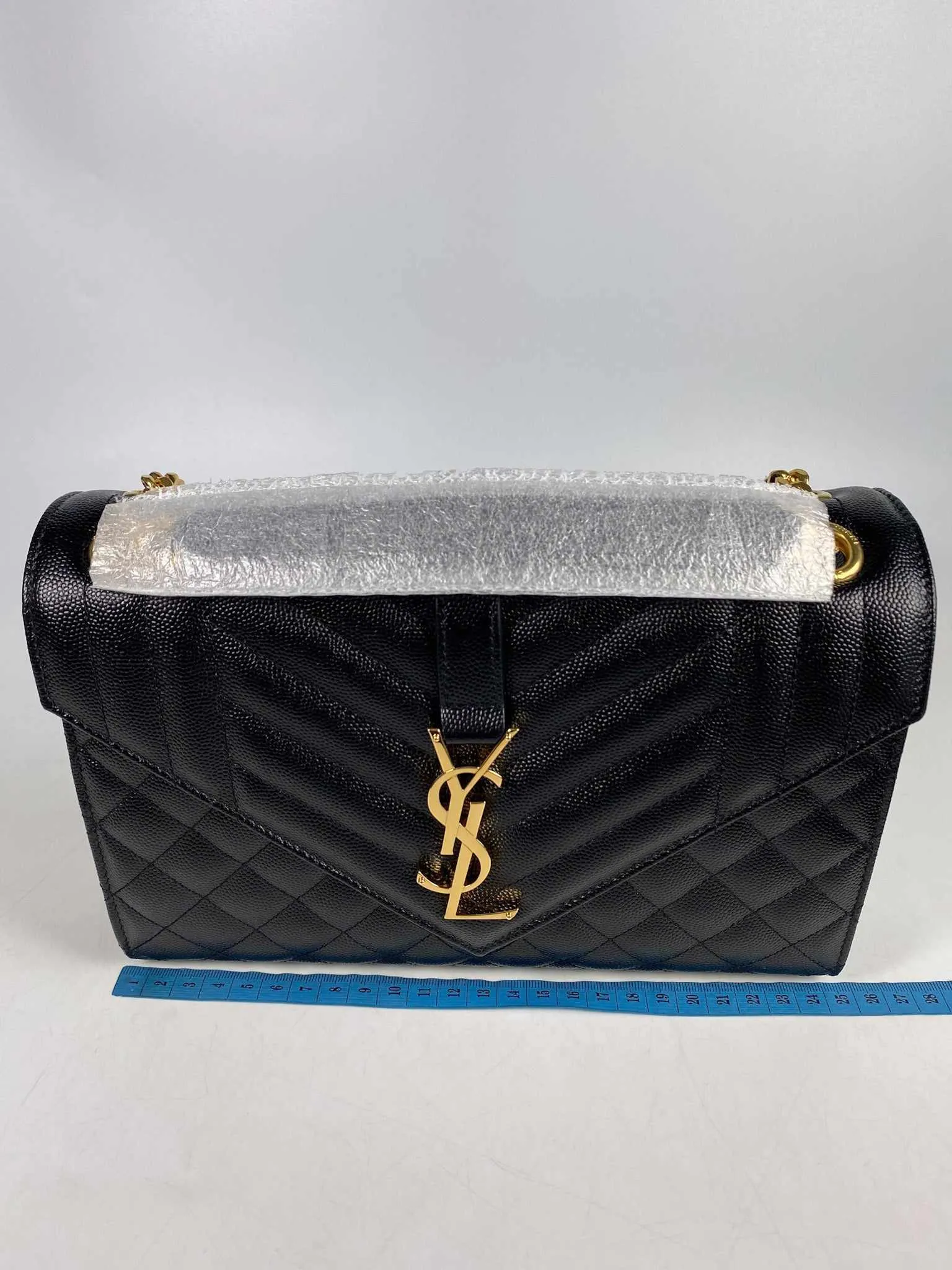 YSL Envelope Medium Bag in Mix Matelasse Grain De Poudre Embossed Black Leather