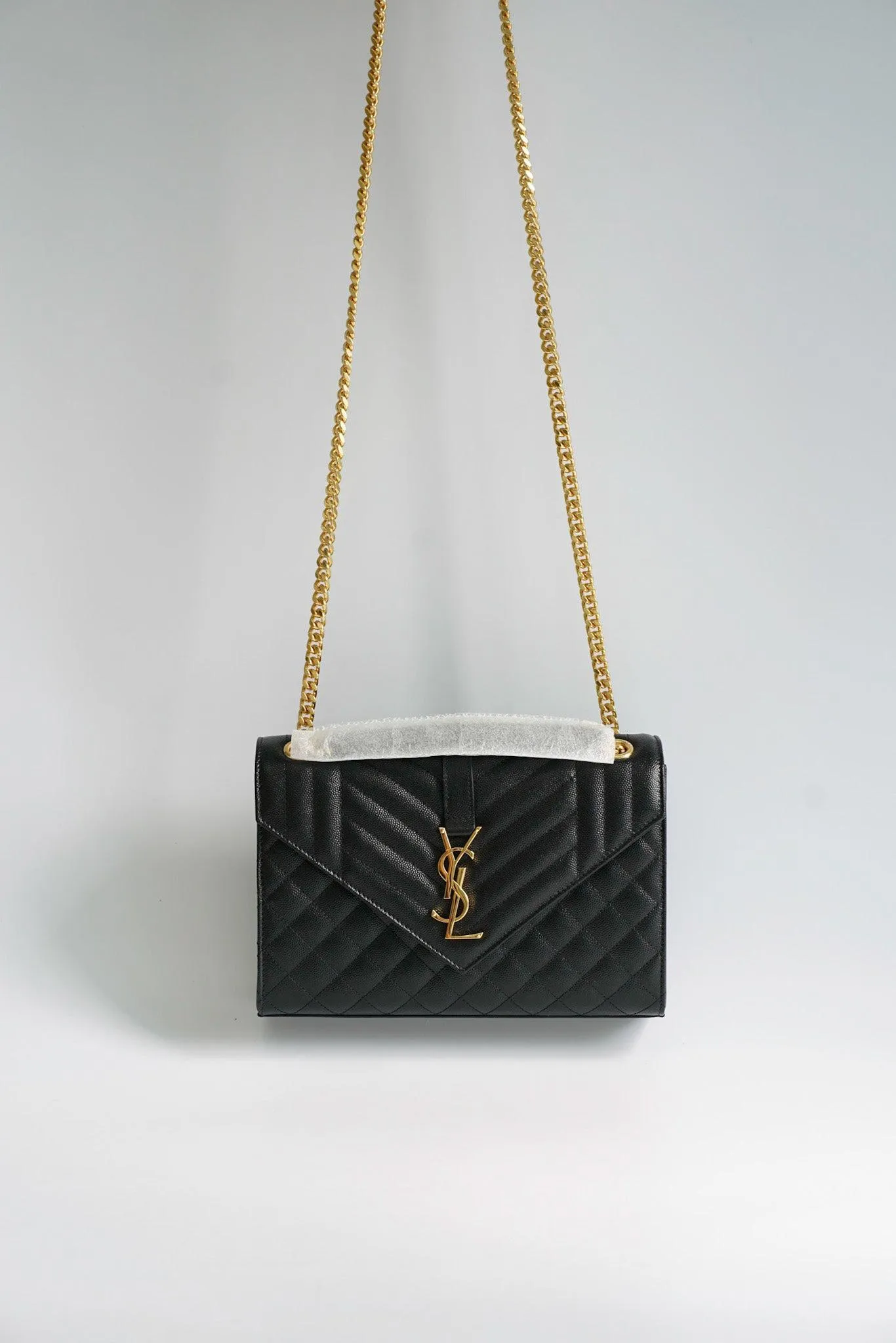 YSL Envelope Medium Bag in Mix Matelasse Grain De Poudre Embossed Black Leather
