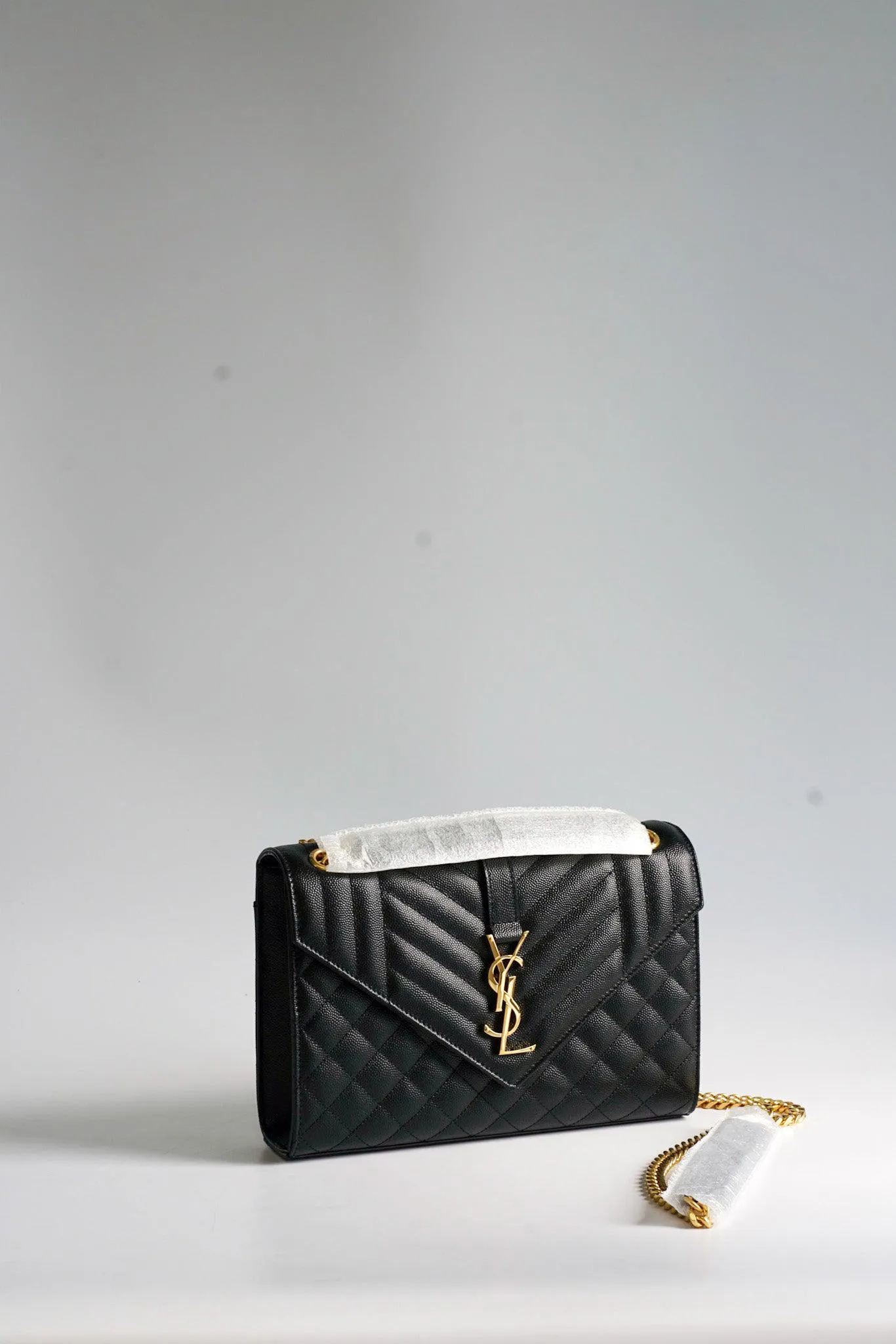 YSL Envelope Medium Bag in Mix Matelasse Grain De Poudre Embossed Black Leather