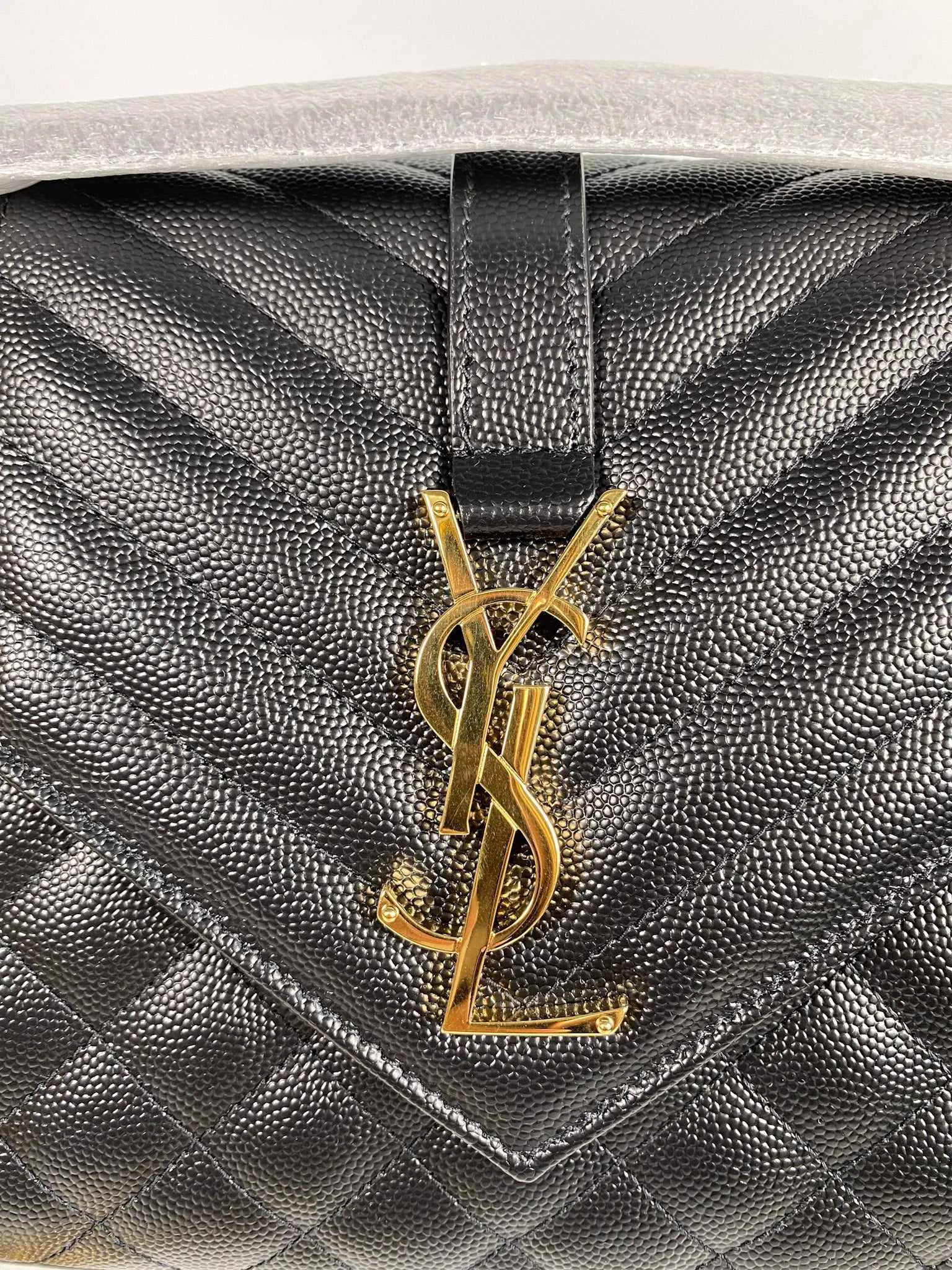 YSL Envelope Medium Bag in Mix Matelasse Grain De Poudre Embossed Black Leather