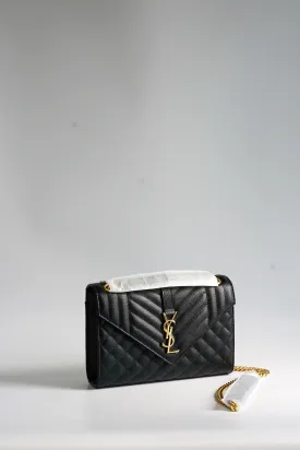 YSL Envelope Medium Bag in Mix Matelasse Grain De Poudre Embossed Black Leather