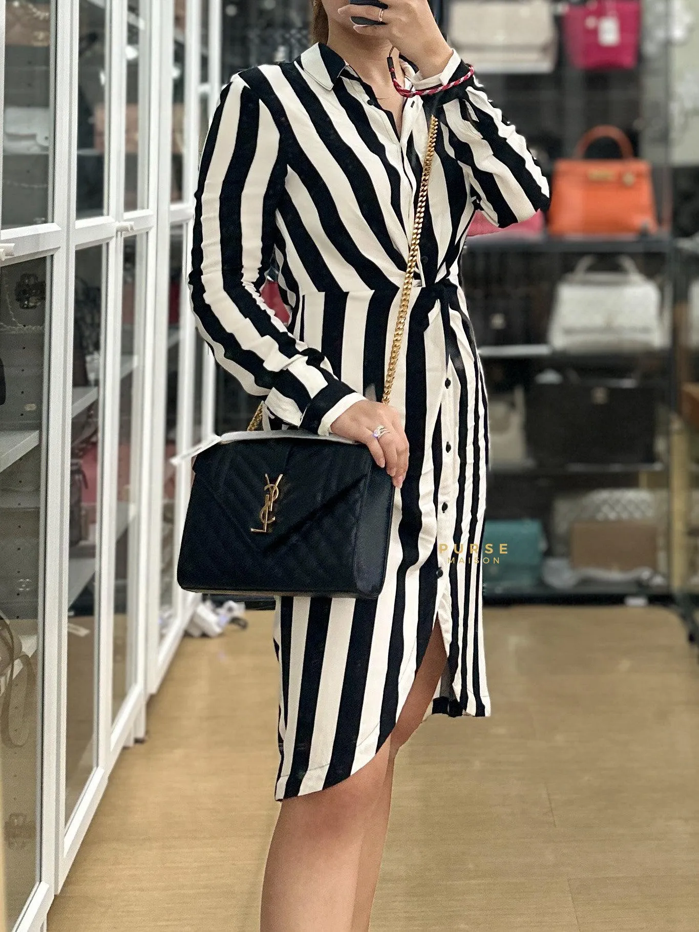 YSL Envelope Medium Bag in Mix Matelasse Grain De Poudre Embossed Black Leather