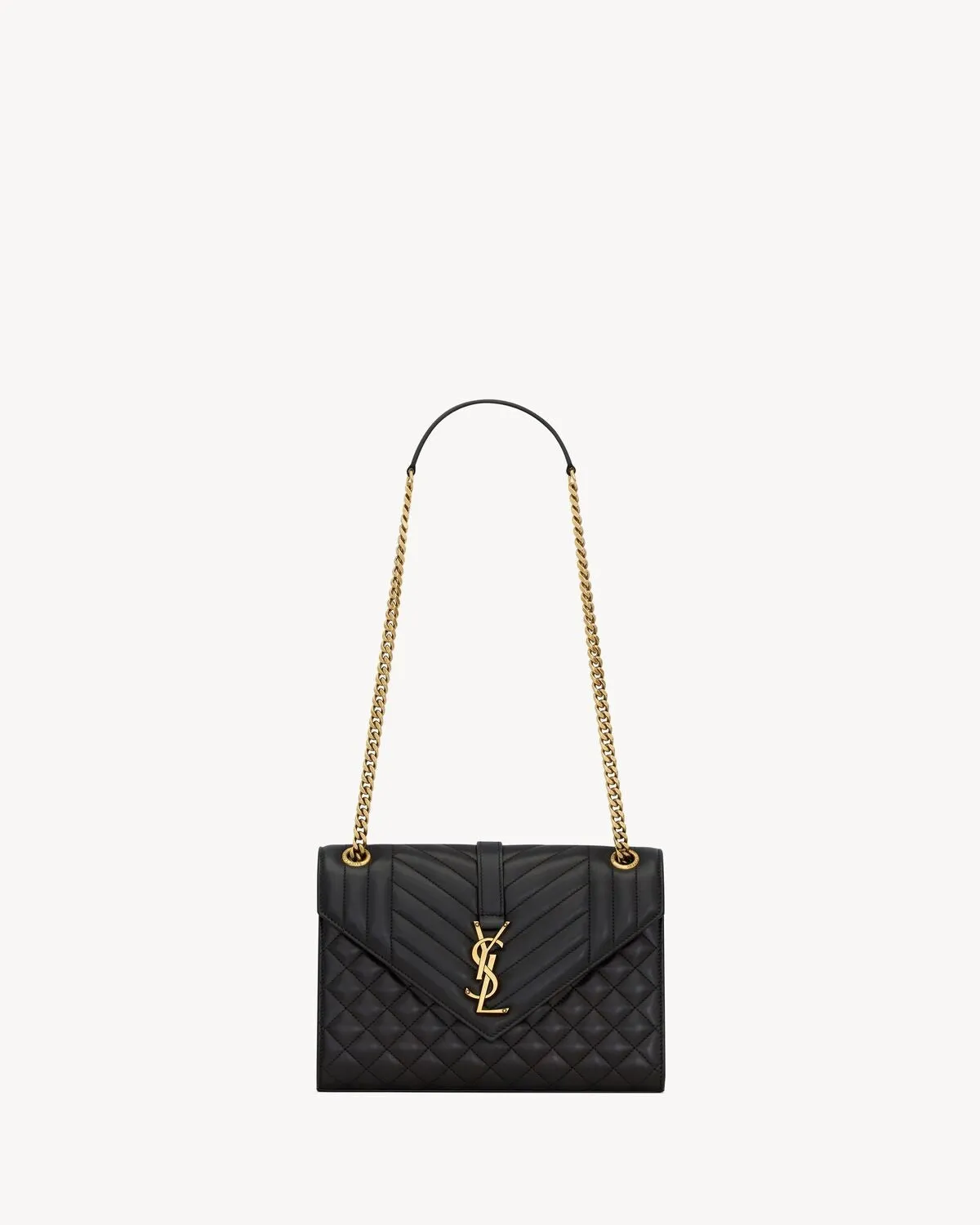 YSL Hand Bag- ENVELOPE LINE MEDIUM CHAIN BAG IN SUPPLE MATELASSÉ LEATHER Black and Gold